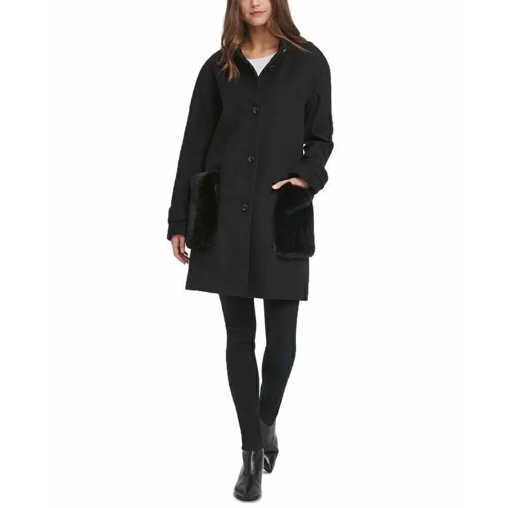 DKNY Women's Faux-Fur-Pocket Walker Coat Black Wool Blend Medium NWT